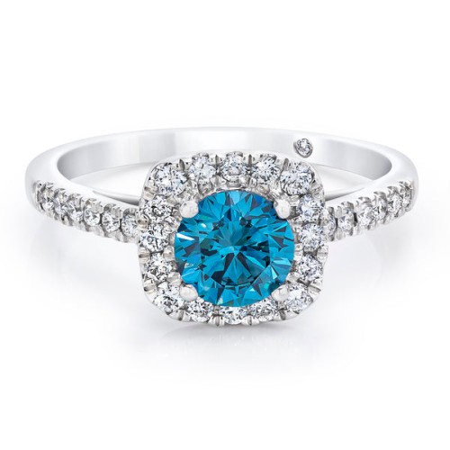 1.50 CTW Blue and White Lab-Created Diamond Halo Ring With Pave Band in 14K White Gold