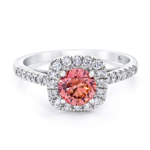 1.50 CTW Pink and White Lab-Created Diamond Halo Ring With Pave Band in 14K White Gold